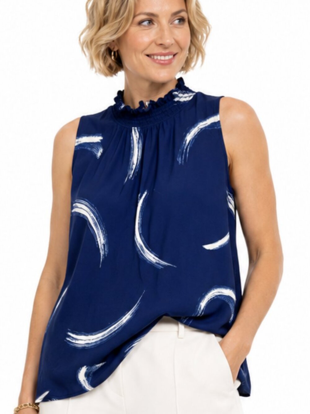 Apt. 9 Blue Sleeveless Mock Neck Blouse XXL White Abstract Print Flowy Top